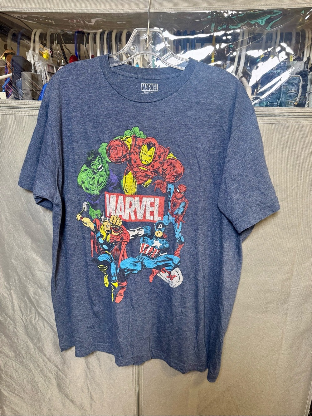 Marvel Blue Tee with Multi-Color Superhero Graphic- Size Large